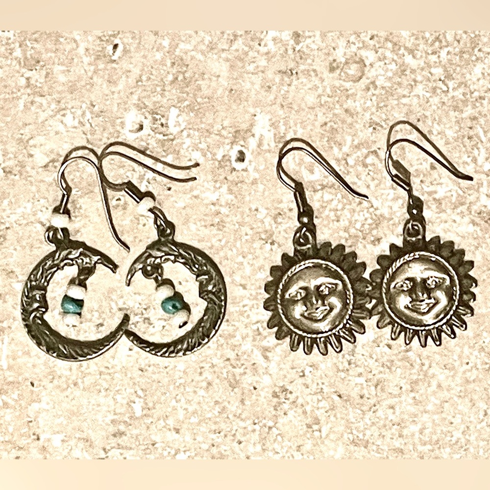 Vintage pewter Sun French hook earrings and Crescent Moon French hook earrings